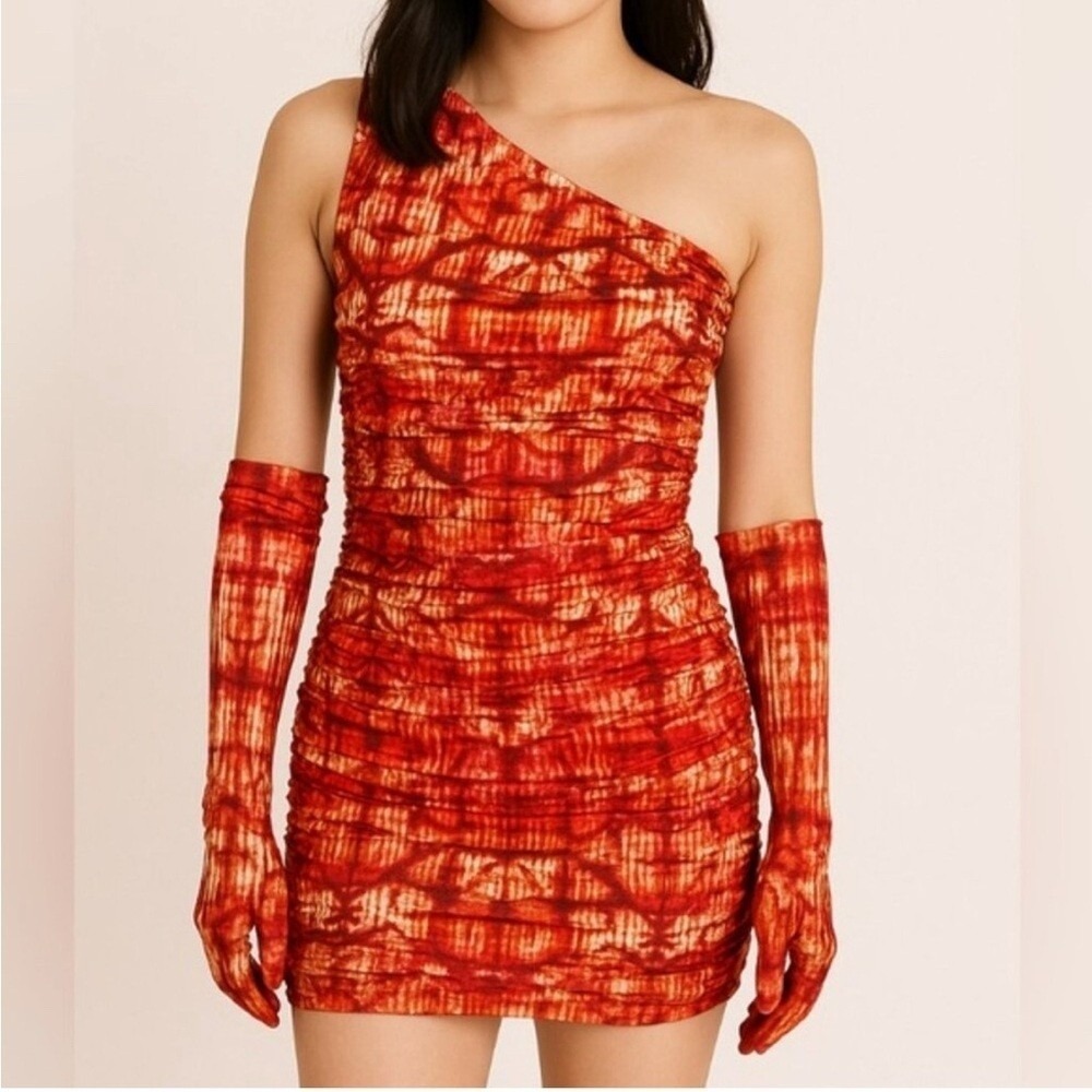MISCREANTS One-Shoulder Ruched Mini Bodycon Dress Orange Tie-Dye UK 8 / US 4